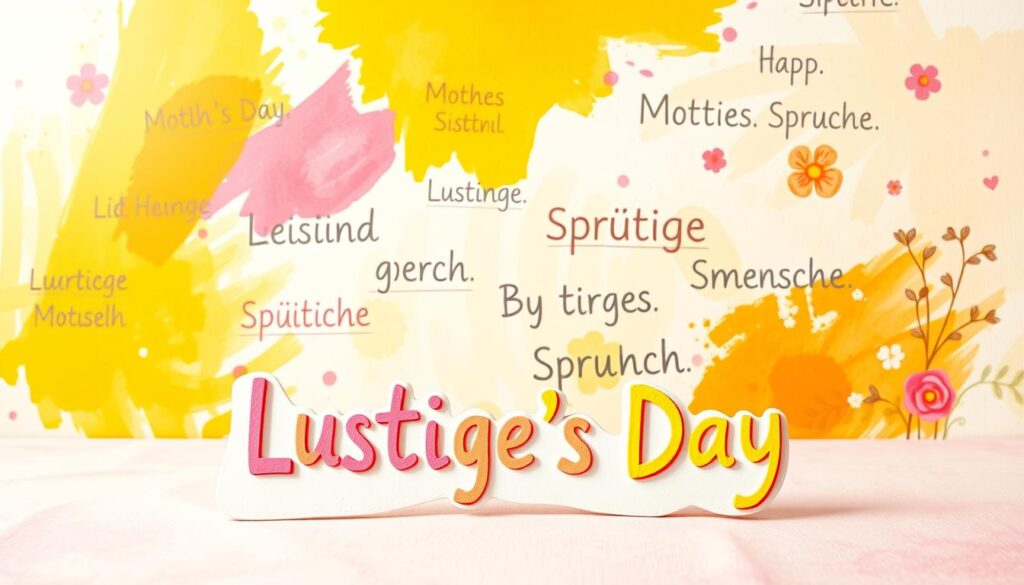 A cheerful, hand-drawn illustration of playful Mother's Day phrases set against a vibrant, abstract background. In the foreground, a whimsical display of colorful, hand-lettered "Lustige Sprüche" floats on a soft, pastel-toned canvas. The middle ground features bright, expressionistic brushstrokes in a joyful palette of yellows, oranges, and pinks, creating an energetic, celebratory atmosphere. The background layers in delicate, watercolor-inspired floral patterns, adding depth and visual interest. Warm, diffused lighting imbues the scene with a sense of warmth and positivity, perfectly capturing the spirit of a happy Mother's Day.