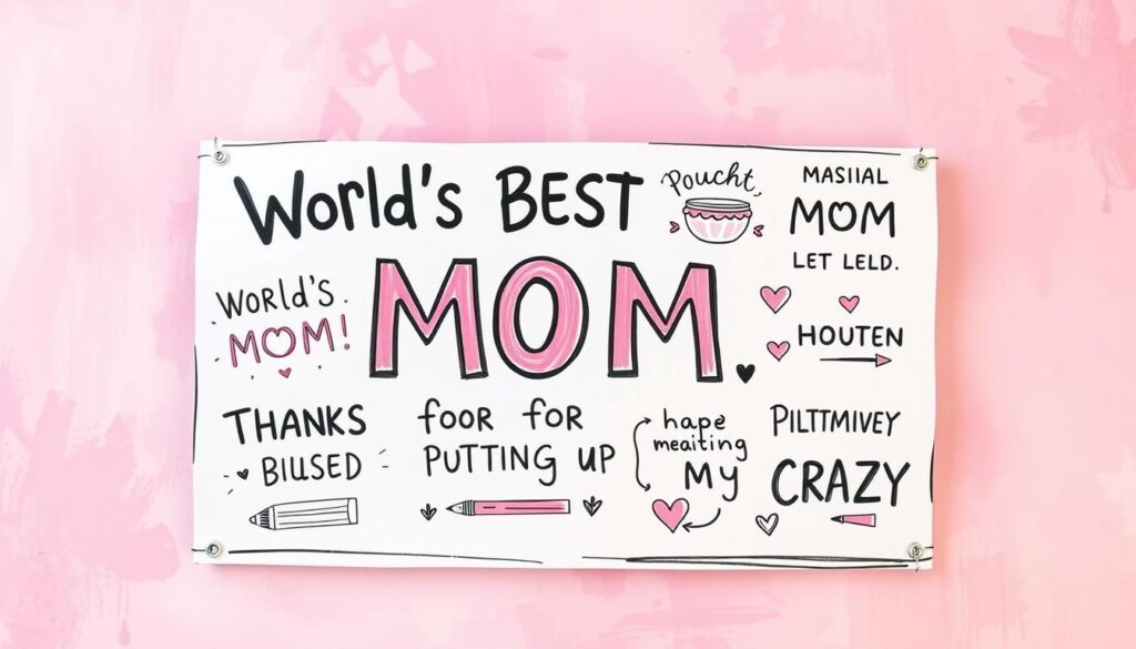 A cheerful, hand-lettered sign with whimsical illustrations, set against a vibrant, pastel-hued background. The sign features a collection of humorous, affectionate sayings celebrating motherhood, such as "World's Best Mom" and "Thanks for Putting Up with My Crazy". The foreground showcases the handmade, playful nature of the sign, with visible brushstrokes and a slightly imperfect, charming aesthetic. The middle ground features the witty, heartfelt messages, each with its own unique typography and decorative elements. The background is a soft, dreamlike gradient, creating a warm, inviting atmosphere. The overall composition exudes a sense of joy, appreciation, and the special bond between a mother and child.