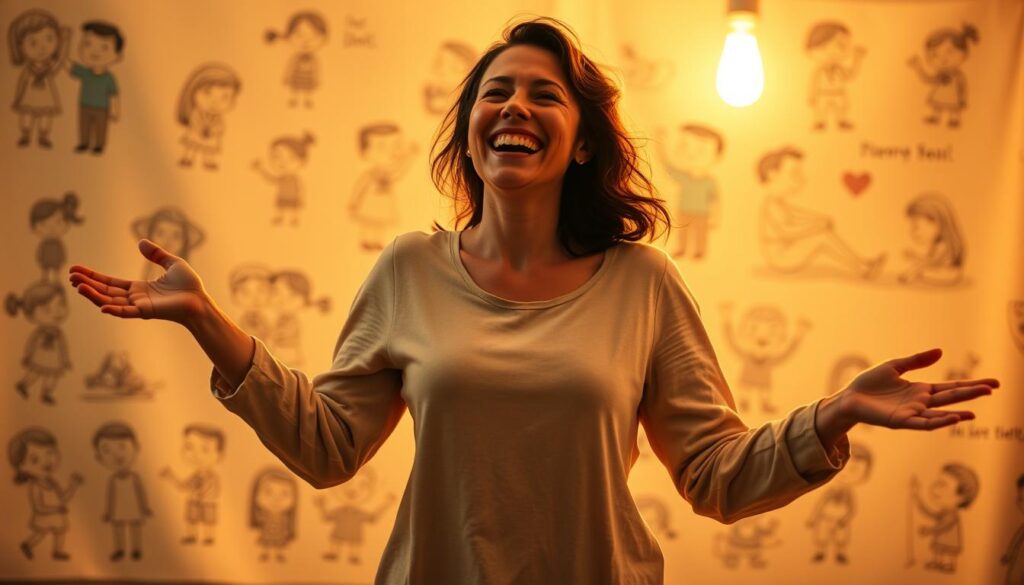 A cheerful mother figure, arms outstretched, emanating warmth and laughter, stands against a softly blurred background of endearing illustrations depicting playful interactions between parents and children. Warm, golden lighting imbues the scene with a cozy, inviting atmosphere, drawing the viewer in to experience the joyful, lighthearted bond between mother and child. The composition is artfully balanced, with the mother's uplifting presence as the focal point, surrounded by whimsical, hand-drawn sketches that capture the spirit of humor and affection at the heart of the mother-child relationship.