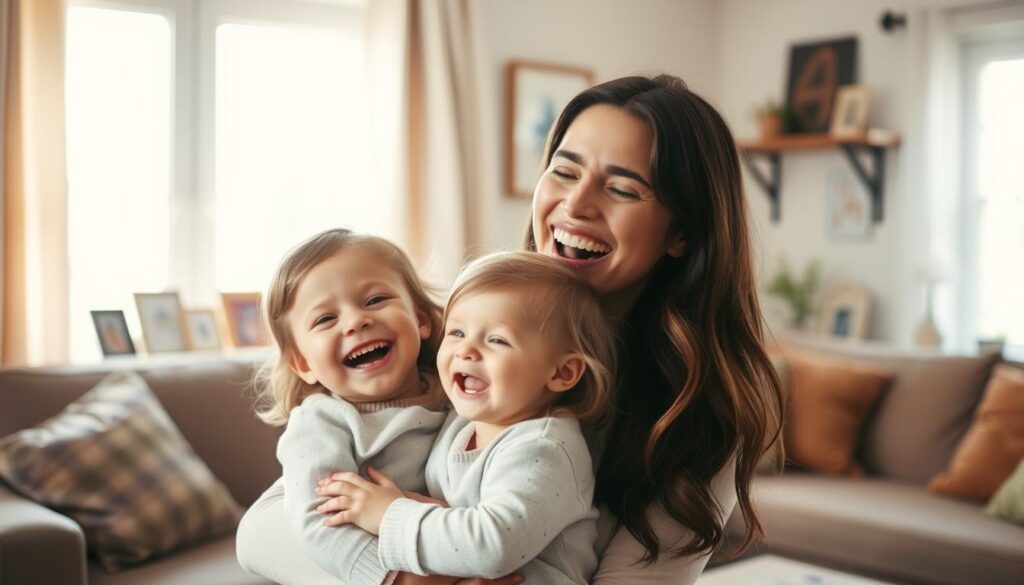 A cheerful mother holding her young child, both laughing joyfully in a warm, sunlit living room. The scene exudes a lighthearted, intimate atmosphere, conveying the importance of humor and levity on Mother's Day. The mother's face is bright with an amiable smile, her daughter's gleeful expression mirroring her own. Soft, diffused lighting casts a gentle glow, highlighting the tender bond between them. The background features cozy furnishings and personal mementos, creating a comforting, homely ambiance. The overall composition captures the essence of celebrating motherhood with lighthearted merriment.