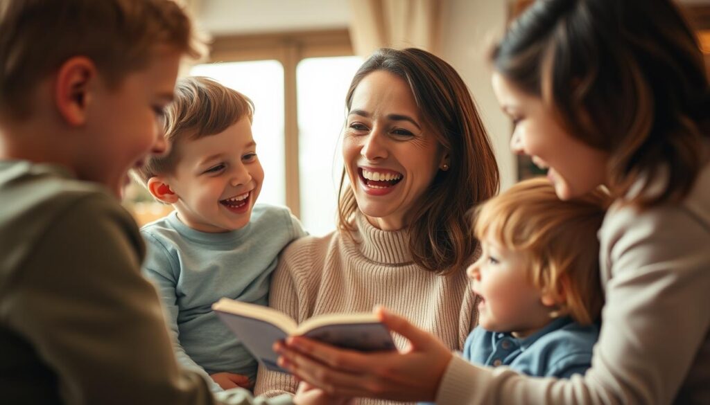 A cheerful mother surrounded by her children, creating a lighthearted and joyful atmosphere. They are engaged in a playful activity, such as storytelling or a shared laughter, that captures the essence of humor in the midst of motherhood. The scene is bathed in warm, soft lighting, with a blurred, cozy domestic setting in the background. The composition emphasizes the connection and shared moments between the mother and her little ones, radiating a sense of comfort, love, and the embrace of the maternal bond.