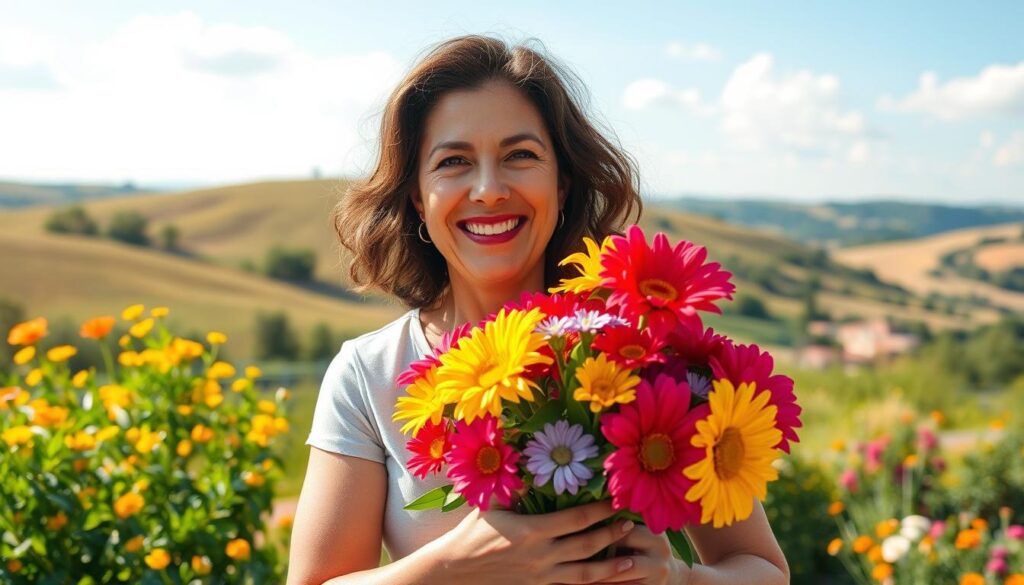 A cheerful, vibrant scene of a smiling mother clutching a bouquet of brightly colored flowers, surrounded by a lush, sun-dappled garden. Soft, warm lighting illuminates her radiant expression, conveying a sense of joy and appreciation. In the background, a picturesque landscape with rolling hills and a cloudless blue sky creates a tranquil, serene atmosphere. The composition is balanced, with the mother as the focal point, captured from a slightly low angle to emphasize her nurturing presence. The overall mood is one of warmth, love, and celebration, perfectly capturing the essence of a heartfelt Mother's Day greeting.