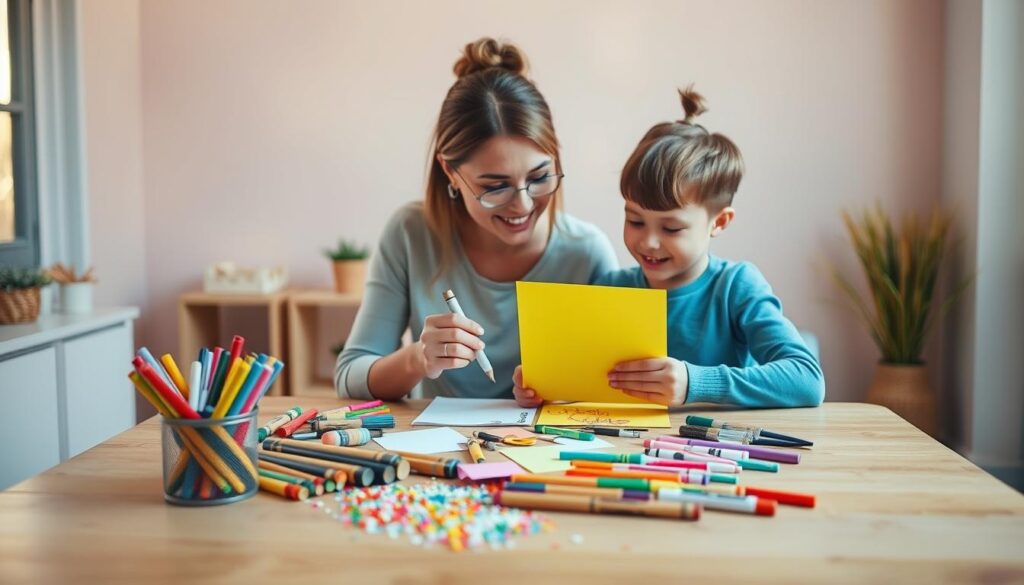 A cheerful, well-lit studio scene with a wooden table in the foreground. On the table, an array of colorful craft supplies - markers, crayons, glitter, scissors, and construction paper. In the middle, a mother and her young child collaboratively crafting a vibrant, handmade card. Warm, natural lighting filters in from a window on the left, illuminating their focused expressions and the creative process. The background is a soft, blurred palette of soothing pastel hues, creating a cozy, inviting atmosphere. The overall composition conveys a sense of joy, bonding, and the special experience of making something meaningful together.