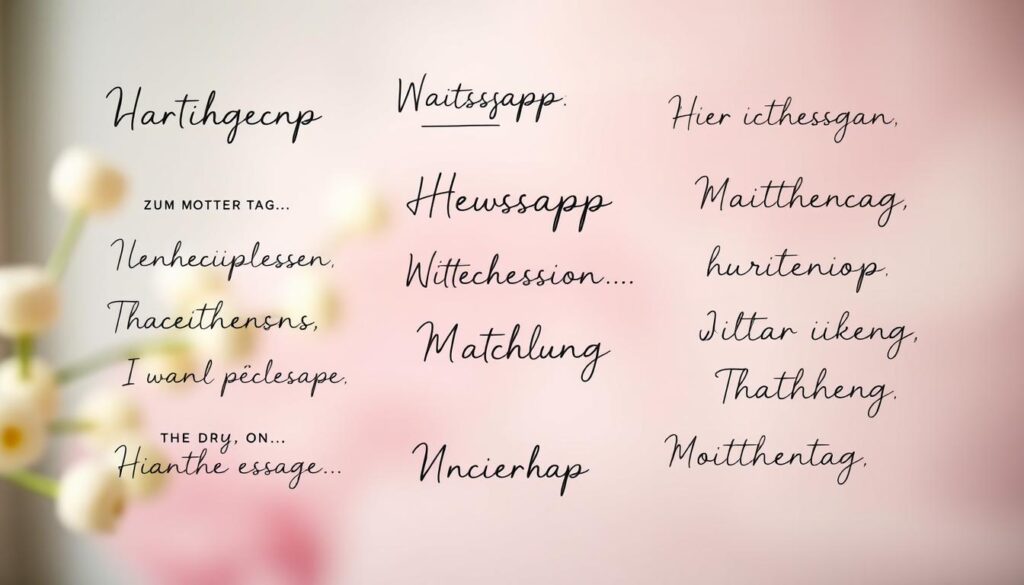 A chic, minimalist composition showcasing a curated selection of handwritten, typographic "WhatsApp-Sprüche zum Muttertag" against a softly blurred, pastel-hued background. The phrases, rendered in a variety of elegant, handcrafted calligraphic and script fonts, capture the warmth, gratitude, and heartfelt sentiments one might express to a beloved mother on this special day. Subtle lighting casts a gentle, diffused glow, creating a serene, intimate atmosphere. The overall aesthetic strikes a balance between modern simplicity and timeless, heartfelt charm, perfectly suited to convey the essence of the "Sprüche für WhatsApp: Kurz und knackig" section.