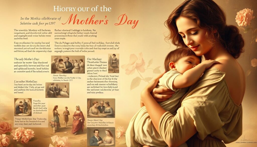 A classical painting depicting the history of Mother's Day. In the foreground, a serene scene of a mother and child sharing a tender embrace, their faces illuminated by warm, golden lighting. In the middle ground, vignettes of historical events and traditions surrounding the holiday, such as early Mother's Day celebrations and the creation of the modern observance. The background features a soft, dreamlike landscape, with details that subtly reference the cultural and societal evolution of the holiday over time. The overall mood is one of reverence, nostalgia, and appreciation for the enduring role of motherhood.