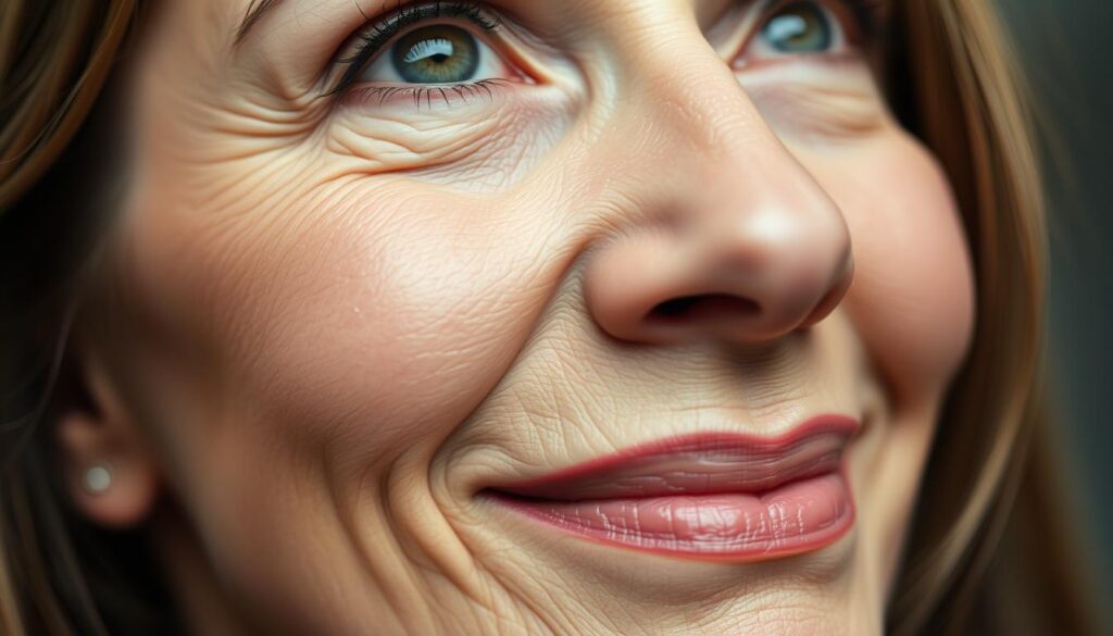 A close-up portrait of a woman's face, her expression conveying deep appreciation and gratitude. Her eyes are warmly gazing upward, a soft smile playing on her lips. The lighting is gentle, creating a sense of intimacy and emotional connection. The background is blurred, placing the focus entirely on her face and the feelings it evokes. The image radiates a sense of heartfelt appreciation, perfectly capturing the essence of the section title "So sagst du deiner Mutter, wie viel sie dir bedeutet".