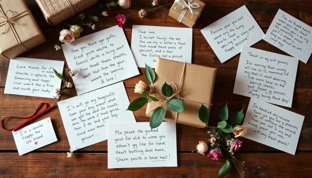 A collage of thoughtful handwritten notes, heartfelt messages, and carefully selected gifts arranged on a rustic wooden table. Delicate floral accents and soft, diffused lighting create a warm, intimate atmosphere. The notes convey expressions of gratitude, appreciation, and love, capturing the sentiment of combining meaningful words with personalized presents. A sense of care and attention to detail permeates the scene, reflecting the significance of combining thoughtful sentiments with tangible gestures.