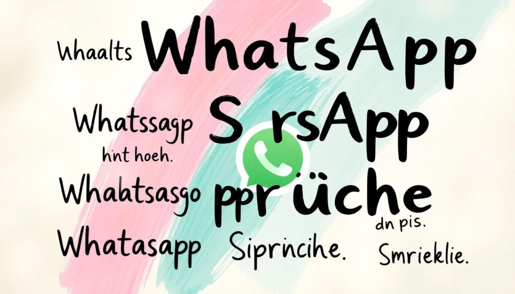 A collage of whimsical, handwritten-style phrases against a soft, pastel-colored background. The phrases are humorous and relatable, capturing the spirit of lighthearted WhatsApp messages. The foreground showcases the main "WhatsApp Sprüche" expressions in a visually engaging layout, with a middle ground of colorful, abstract brushstrokes or patterns adding depth and visual interest. The background features a subtle, textured gradient or bokeh effect, creating an inviting, cozy atmosphere. The overall composition radiates a sense of joy, connection, and genuine, casual communication.