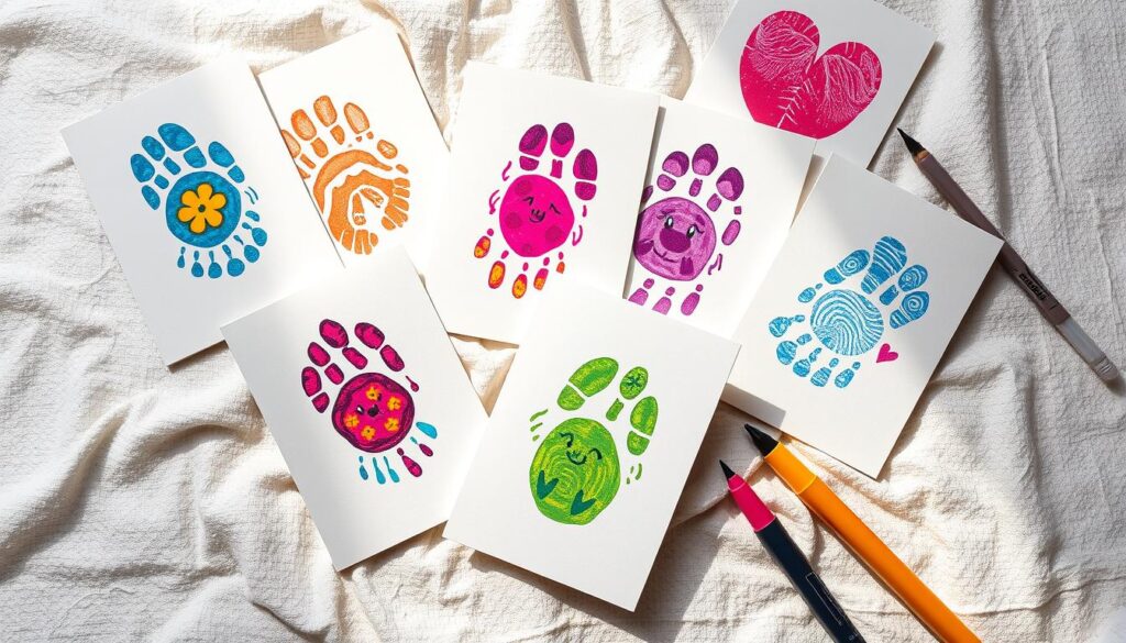 A collection of artfully crafted fingerprint cards, adorned with vibrant patterns and whimsical designs. The cards are arranged on a soft, textured surface, with delicate shadows and gentle highlights accentuating the tactile quality of the paper. The composition features a variety of techniques, including sponge painting, stenciling, and the creative use of ink and markers. The overall mood is playful and inviting, capturing the joy of personalized, handmade Mother's Day greetings.