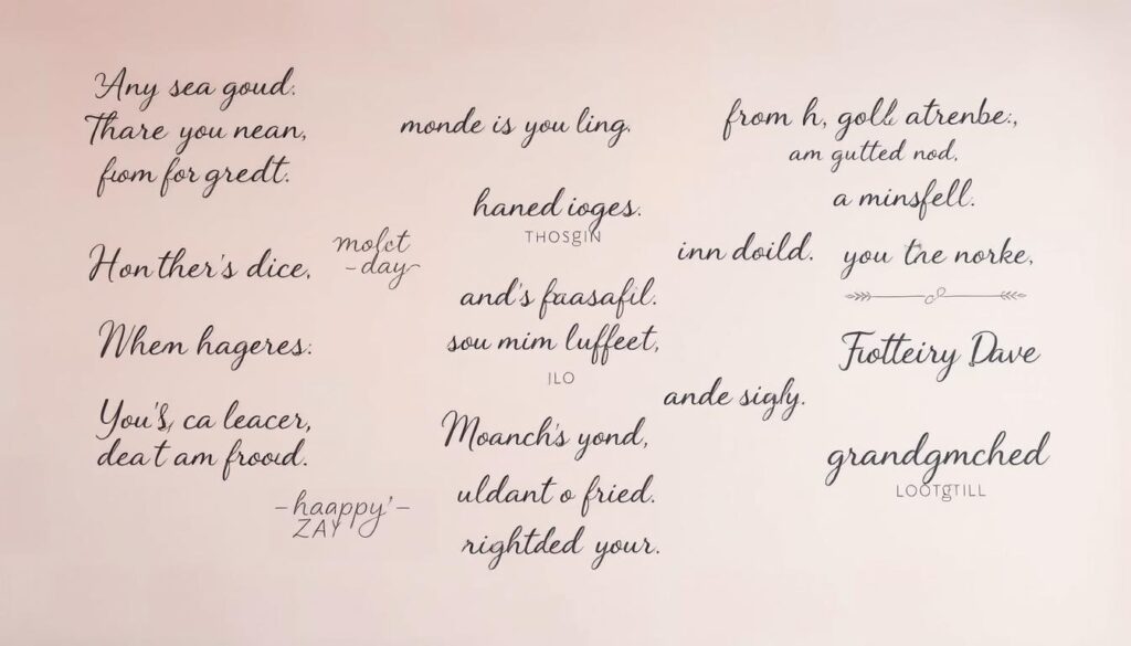 A collection of handwritten, calligraphic-style phrases and quotes, elegantly displayed on a soft, pastel-colored background. The words flow and curve gracefully, conveying a sense of warmth and sentiment. The phrases are a mix of inspirational, uplifting messages and sentimental expressions, suitable for a Mother's Day celebration. The layout is clean and minimalist, allowing the beautiful typography to take center stage. Soft, diffused lighting casts a gentle glow, creating a serene and intimate atmosphere. The overall composition evokes a feeling of thoughtfulness, care, and the heartfelt appreciation a grandchild might have for their grandmother.
