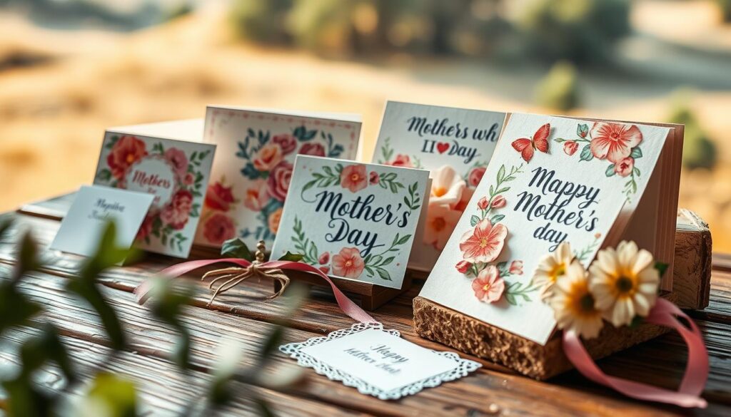 A collection of vibrant and whimsical handmade Mother's Day cards, artfully arranged on a rustic wooden surface. The cards feature intricate floral patterns, delicate watercolor illustrations, and heartfelt sentiments. Soft, diffused natural lighting illuminates the scene, creating a warm and inviting atmosphere. In the foreground, a variety of textured materials such as cardstock, ribbon, and lace add depth and tactility. The middle ground showcases the carefully crafted cards, each one a unique expression of love and appreciation. In the background, a subtle, blurred natural landscape sets the scene, evoking a sense of organic tranquility. The overall composition captures the thoughtfulness and creativity that goes into making meaningful Mother's Day greetings.