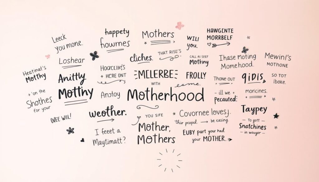 A collection of whimsical and humorous hand-lettered phrases floating against a soft, pastel-hued background. In the foreground, a mix of playful doodles and decorative flourishes add a lighthearted touch. The middle ground features a variety of witty, good-natured sayings about motherhood, rendered in a variety of stylized, expressive typefaces. The background is a delicate, dreamlike gradient, evoking a sense of warmth and nostalgia. The overall mood is joyful, celebratory, and intended to make the viewer smile. Crisp, even lighting casts a gentle glow across the composition.