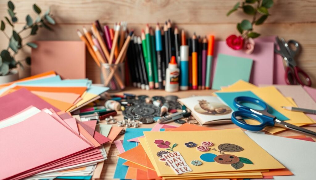 A colorful arrangement of various craft supplies for DIY greeting cards. In the foreground, an assortment of colored cardstock, scrapbooking paper, and decorative stickers. In the middle ground, a variety of pens, markers, glue sticks, and scissors in a organized layout. In the background, a soft, natural-lit wooden surface with hints of greenery and a minimal, earthy aesthetic. The lighting is warm and diffused, creating a cozy, inspiring atmosphere for the creative process of making thoughtful, handmade cards.