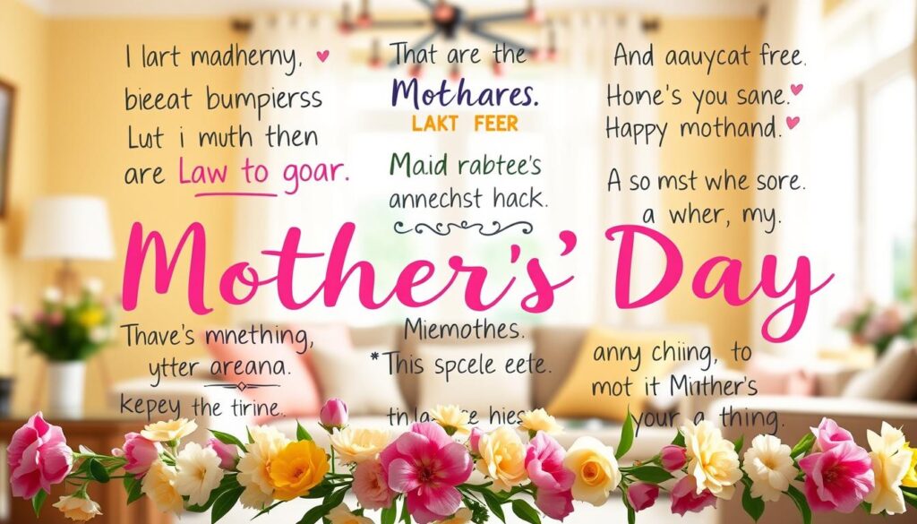 A colorful, whimsical display of humorous Mother's Day sayings, rendered in a hand-lettered script style against a warm, sunlit backdrop. The foreground features an arrangement of playful, typographic elements in vibrant hues, with a mix of witty, affectionate messages. The middle ground showcases a softly-blurred floral garland, its delicate blooms adding a touch of natural beauty. The background evokes a serene, sun-dappled setting, perhaps a cozy living room or cheerful garden, setting an inviting, celebratory tone. The overall composition conveys a sense of heartfelt appreciation and lighthearted celebration for the special women being honored.