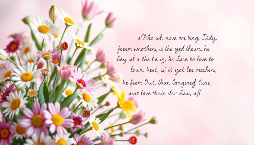 A colorful, whimsical illustration of humorous Mother's Day poems. In the foreground, a bouquet of playful flowers - daisies, tulips, and lilies - dance across the frame. In the middle ground, handwritten verses in a cursive font float among the blooms, their lines forming delightful rhymes. The background features a soft, hazy gradient in pastel shades of pink, lavender, and mint, creating a sense of warmth and joy. The overall composition has a lighthearted, cheerful atmosphere, inviting the viewer to smile and appreciate the love and laughter shared between mothers and their families.