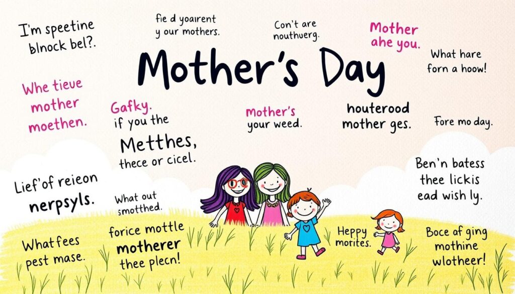 A colorful, whimsical illustration of short, humorous Mother's Day phrases. The foreground showcases a collection of handwritten, playful quips in various playful fonts and colors, floating against a vibrant, textured background. The middle ground features a lively, cheerful scene with smiling cartoon mothers and children. The background is a soft, pastel-hued sky with fluffy clouds, creating a lighthearted, joyful atmosphere. The composition is framed with a loose, sketchy style, emphasizing the playful, casual nature of the content. Lighting is soft and diffused, adding to the warmth and charm of the scene. The overall tone is upbeat, humorous, and celebrates the special bond between mothers and their children.