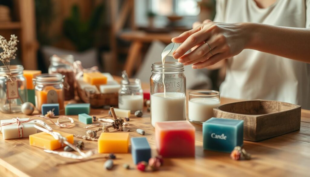 A cozy DIY candle-making scene. In the foreground, a wooden table is scattered with various candle-making supplies - colorful wax blocks, wicks, jars, and decorative elements like ribbons and dried flowers. In the middle ground, a person's hands skillfully pour melted wax into a clear glass jar, creating a homemade, artisanal candle. The background features a warm, natural-lit room with rustic wood accents, hinting at a relaxing, homely atmosphere. Soft, diffused lighting casts a gentle glow, highlighting the handcrafted nature of the project. The overall mood is one of tranquility, creativity, and thoughtful self-expression.