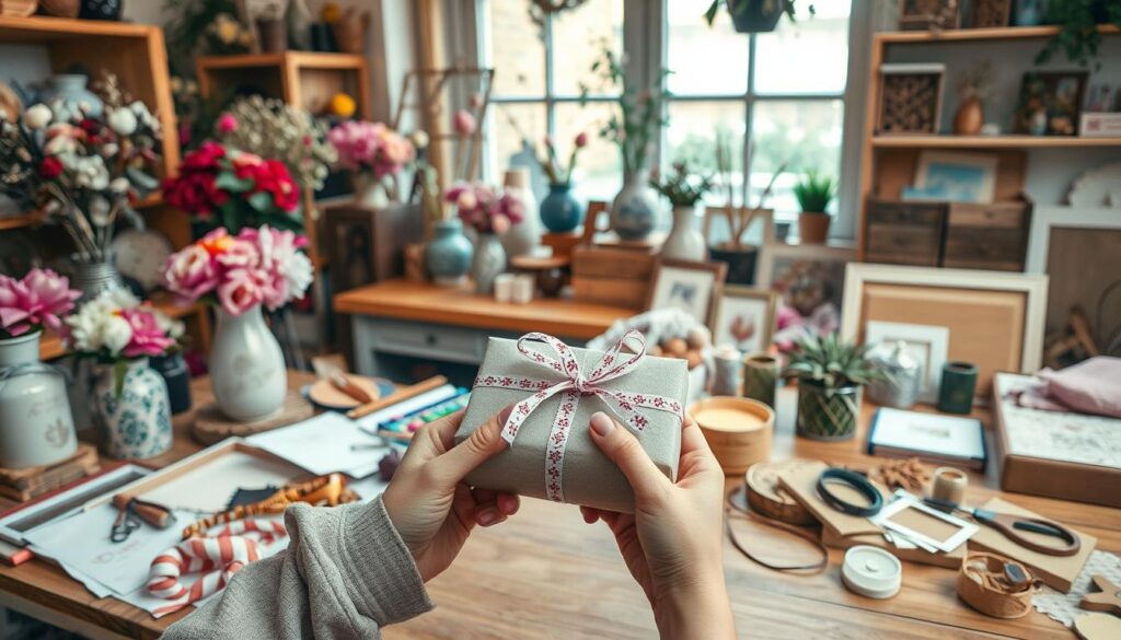 A cozy DIY craft workshop filled with an array of vibrant, handmade items - delicate floral bouquets, vases adorned with intricate patterns, rustic wooden frames, and a collection of artisanal trinkets. Soft, diffused lighting from large windows casts a warm glow, while a wooden table is covered in an array of art supplies, ribbons, and textiles, ready for creative mothers to craft their own personalized Muttertag gifts. In the foreground, a pair of skilled hands carefully assemble a heartfelt, one-of-a-kind present, reflecting the love and care of the maker. The overall scene exudes a sense of harmony, creativity, and the thoughtful spirit of DIY Muttertagsgeschenke.