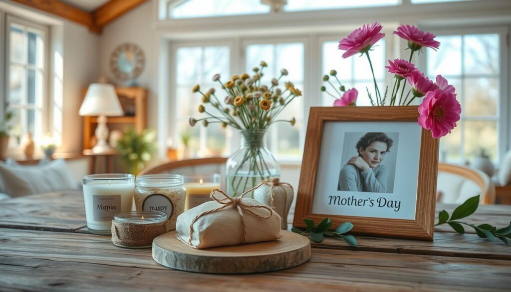 A cozy DIY-themed scene for Mother's Day. In the foreground, an assortment of handmade crafts and gifts are arranged neatly on a rustic wooden table - decorative candles, a scented homemade soap, and a framed photo. In the middle ground, a vase of freshly picked wildflowers adds a vibrant natural touch. The background features a bright, airy room with large windows, allowing natural light to filter in and create a warm, inviting atmosphere. The overall mood is one of thoughtfulness, creativity, and the heartfelt appreciation for a beloved mother.