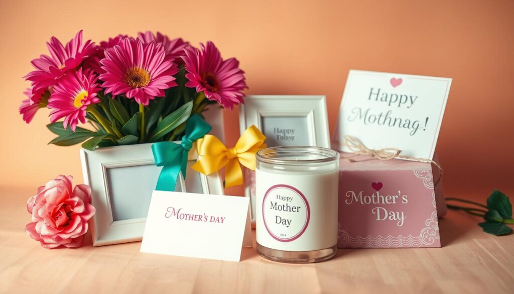 A cozy Mother's Day gift display with an assortment of thoughtful presents - a bouquet of vibrant flowers, a decorative photo frame, a scented candle, and a heartfelt greeting card. The scene is set against a warm, pastel-toned background, creating a serene and inviting atmosphere. Soft, diffused lighting illuminates the arrangement, highlighting the tactile textures and colors of the items. The composition is balanced, with the gifts arranged in a visually pleasing manner, inviting the viewer to imagine the joy and appreciation they would bring to a mother on this special day.