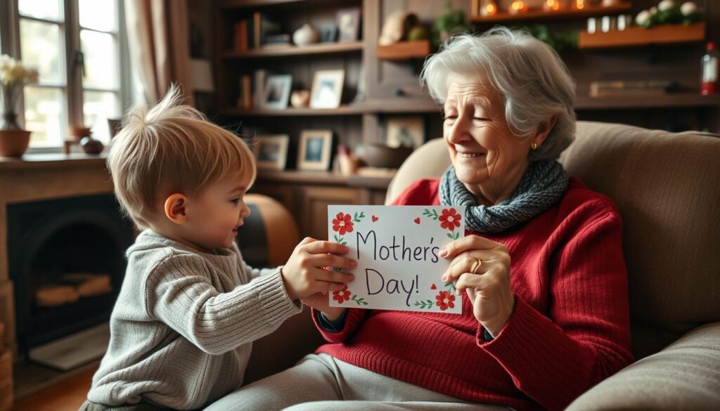 A cozy and heartwarming scene of a grandchild presenting a handwritten, artfully decorated Mother's Day card to their beloved grandmother. The grandmother, sitting in a comfortable armchair, receives the card with a warm, loving smile, her wrinkled hands tenderly holding the thoughtful gift. The background features a cozy, rustic interior with family photos, bookshelves, and a fireplace, creating a sense of togetherness and cherished memories. Soft, natural lighting filters through the window, bathing the scene in a gentle, nostalgic glow. The overall mood is one of deep affection, respect, and the cherished bond between grandparent and grandchild.