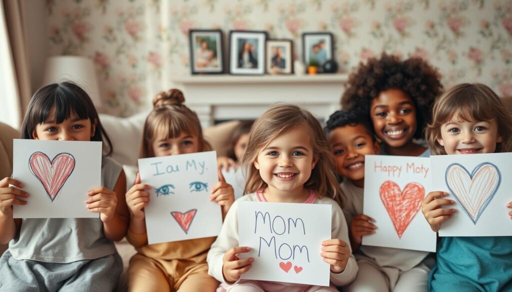 A cozy and heartwarming scene of children's perspectives on their mothers. The foreground depicts a group of young, smiling children of diverse backgrounds and ages, each holding hand-drawn crayon portraits or cards expressing their admiration and affection for their mothers. The middle ground shows a softly lit, comfortable living room setting with plush furnishings and a family photograph on the mantel, conveying a sense of warmth and familial bonds. The background features a muted, pastel-toned floral wallpaper, adding a gentle, whimsical touch. The lighting is soft and diffused, creating a serene, intimate atmosphere that reflects the tender, genuine sentiments of the children. Overall, the image captures the pure, innocent joy and appreciation that children have for their mothers.