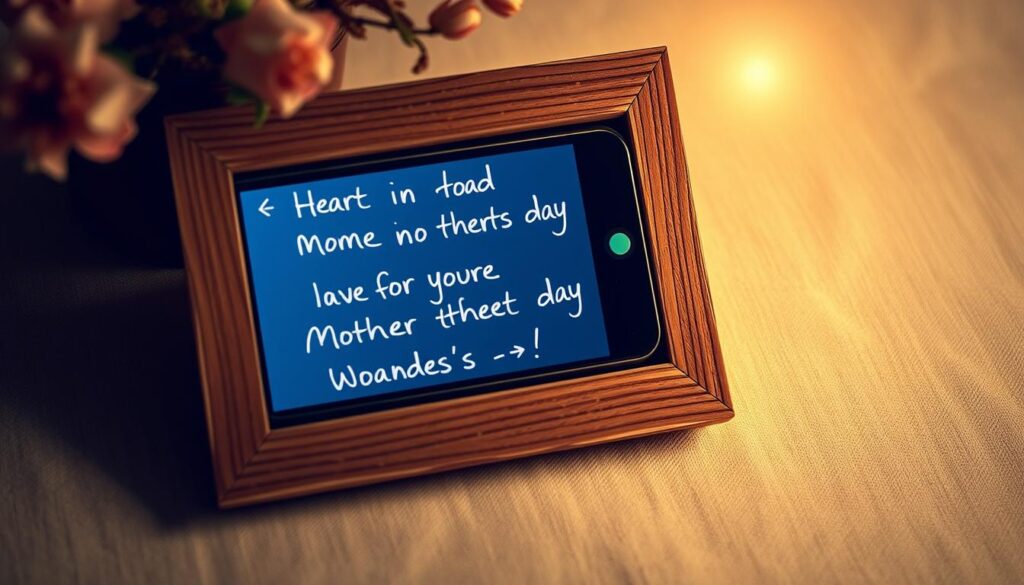 A cozy and intimate Mothers Day scene featuring a smartphone screen displaying heartfelt Whatsapp messages in a rustic wooden frame. The messages are handwritten with a natural, organic style conveying appreciation and love for a mother figure. Soft, warm lighting emanates from the screen, creating a gentle, emotional atmosphere. The frame is placed on a neutral background, allowing the screen to be the focal point. The overall mood is sincere, heartfelt, and reflective, capturing the sentiment of a quick, personal digital greeting for Mothers Day.