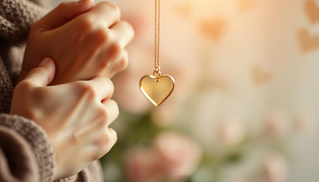 A cozy and intimate scene with a warm, soft-focus effect. In the foreground, two hands gently clasping, fingers interlaced, conveying a sense of affection and tenderness. In the middle ground, a heart-shaped pendant hanging from a delicate chain, glimmering with a gentle, golden light. The background is blurred, suggesting a serene, natural setting, perhaps with the hint of a floral pattern or faint greenery, creating a soothing, nurturing atmosphere. The overall mood is one of heartfelt love, care, and deep connection, perfectly suited to illustrate "Sprüche für eine liebevolle Umarmung".