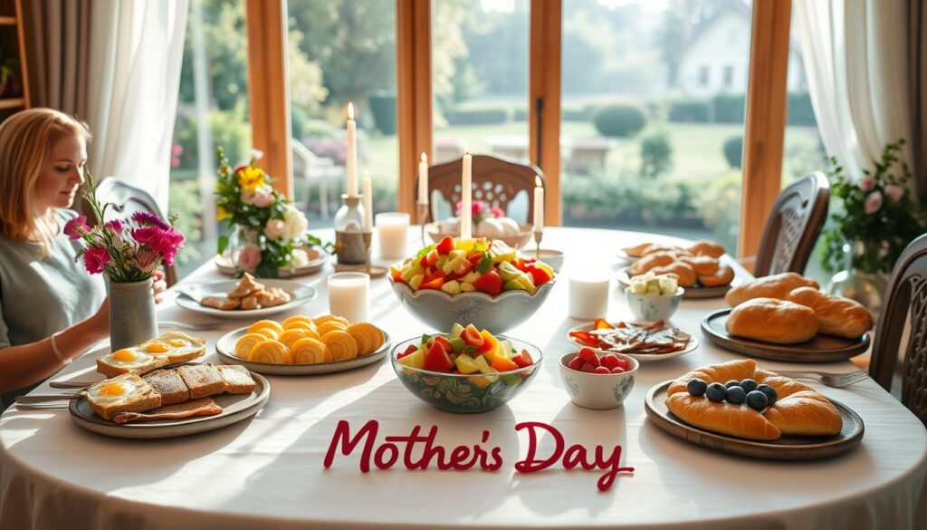 A cozy and inviting family-style breakfast table, with a variety of delectable brunch dishes arranged beautifully. The tabletop is covered in a crisp white tablecloth, adorned with fresh flowers, candles, and rustic serving plates. In the center, a large bowl of fresh fruit salad sits, surrounded by platters of fluffy scrambled eggs, crispy bacon, and buttery pastries. The scene is bathed in soft, warm lighting, creating a welcoming and celebratory atmosphere. In the background, a large window overlooks a picturesque garden, with sunlight streaming in. The overall mood evokes feelings of togetherness, love, and appreciation for the special occasion of Mother's Day.