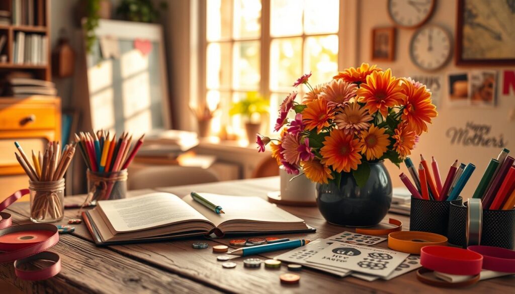 A cozy and inviting home office setting with an open notebook, various colorful pens, and a vibrant bouquet of fresh flowers on a rustic wooden desk. Warm, natural lighting filters in through a large window, casting a soft glow and creating a serene, inspirational atmosphere. Various crafting materials like ribbons, stickers, and stamps are neatly arranged, hinting at the creative process of crafting unique and heartfelt Mother's Day messages. The overall mood is one of thoughtfulness, productivity, and a touch of whimsy, capturing the essence of creatively designing meaningful Mother's Day greetings.
