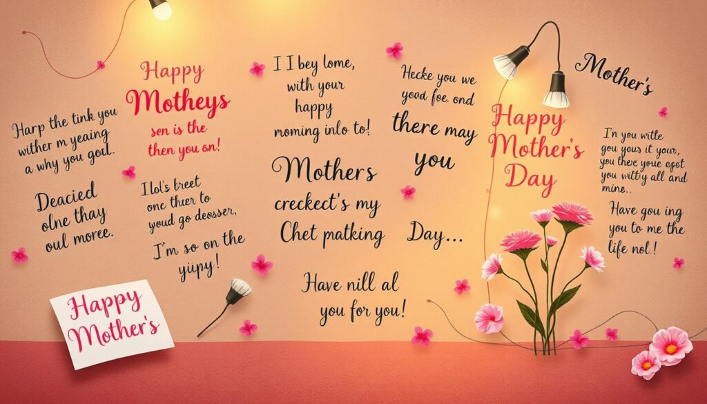 A cozy and inviting illustration showcasing a collection of handwritten Mother's Day messages on a warm, textured background. The foreground features a variety of colorful and expressive handwritten notes in various calligraphic styles, conveying heartfelt sentiments and well-wishes for mothers. The middle ground blends soft, dreamy lighting with delicate floral elements, creating a serene and intimate atmosphere. The background is a subtly mottled surface, adding depth and a tactile quality to the overall composition. The image evokes a sense of personal connection, highlighting the sincere and thoughtful nature of these WhatsApp-ready Mother's Day greetings.
