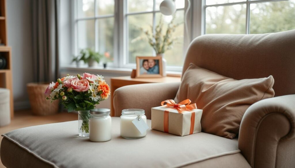 A cozy and inviting living room setting, with a plush armchair placed prominently in the foreground. On the armchair, an assortment of thoughtful Muttertag gifts are neatly arranged, including a bouquet of fresh flowers, a scented candle, and a beautifully wrapped present. The middle ground features a warm, wooden side table with a framed family photo, creating a sense of personal connection. In the background, a large window allows natural light to flood the space, lending a serene and tranquil atmosphere. The overall mood is one of comfort, care, and a celebration of motherhood.