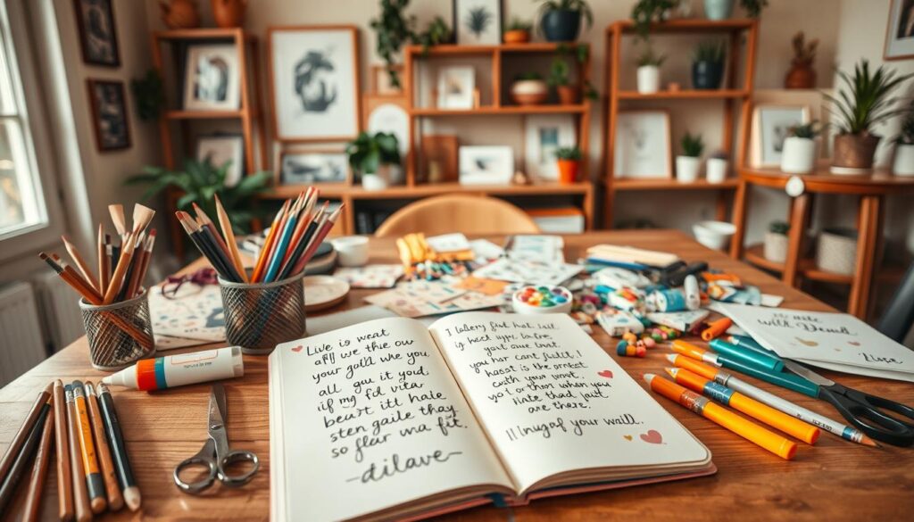 A cozy and inviting scene featuring a table with various crafting supplies and materials. In the foreground, an open notebook with handwritten affirmations and inspirational quotes, surrounded by paint brushes, colored pencils, glue sticks, and scissors. The middle ground showcases a variety of paper, stickers, ribbons, and embellishments, arranged in a visually pleasing manner. The background depicts a warm, softly lit room with wooden shelves displaying framed artwork and plants, creating a calm and creative atmosphere. The lighting is natural, filtered through a window, casting a gentle glow over the scene. The overall mood is one of whimsy, inspiration, and the joy of transforming words into something visually captivating.