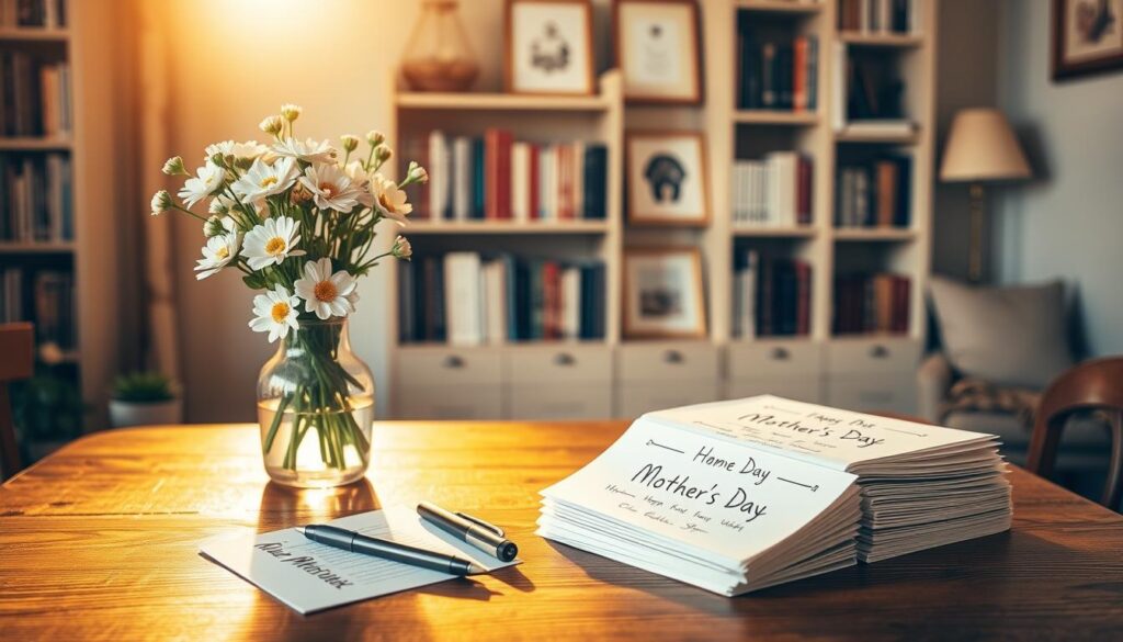 A cozy and inviting scene of a wooden table, adorned with a vase of fresh flowers, a pen, and a stack of handwritten notes. The table is bathed in warm, golden light, casting a soft glow over the scene. In the background, a simple yet elegant bookshelf filled with books and framed artwork creates a sense of comfort and inspiration. The overall atmosphere is one of thoughtfulness and care, encouraging the viewer to carefully select the perfect Mother's Day message from the handwritten options before them.