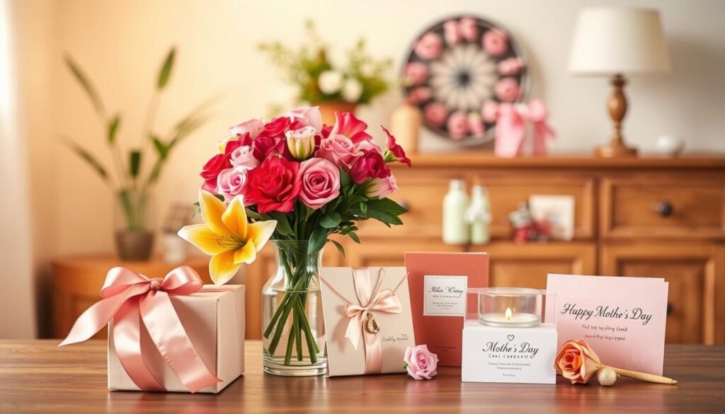 A cozy and inviting scene showcasing a selection of popular Mother's Day gifts. In the foreground, an elegant bouquet of freshly cut flowers in vibrant hues - perhaps roses, lilies, and carnations - arranged in a delicate glass vase. Beside it, a neatly wrapped gift box with a satin ribbon. The middle ground features a warm, softly lit interior, with a wooden table or sideboard displaying additional gifts such as a luxurious scented candle, a beautiful piece of handcrafted jewelry, and a heartfelt greeting card. The background fades into a serene, neutral color palette, drawing the viewer's focus to the thoughtfully curated collection of Mother's Day presents. The overall mood is one of elegance, sentimentality, and appreciation.