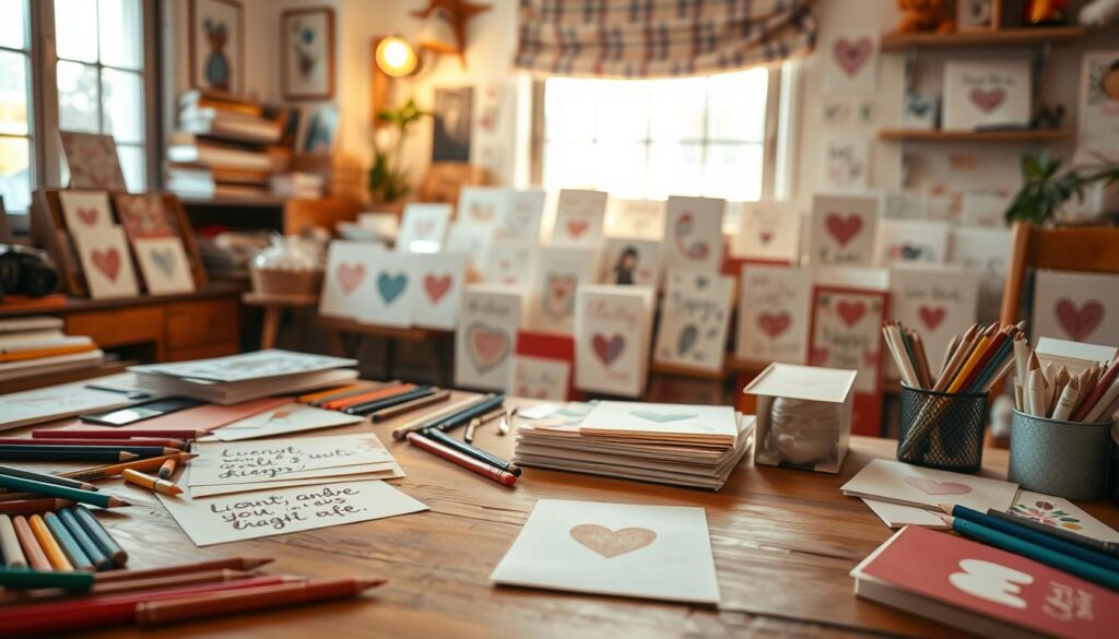 A cozy and inviting workspace filled with thoughtfully crafted greeting cards. In the foreground, a wooden table is scattered with various art supplies - colored pencils, markers, patterned papers, and a handmade card in progress. The middle ground showcases a collection of finished cards, each one unique and personal, radiating with heartfelt messages and charming illustrations. In the background, a warm, natural light filters through a nearby window, casting a gentle glow over the scene. The overall atmosphere is one of calm creativity, as if the viewer has stepped into a serene creative sanctuary where the love and care poured into these handmade cards can be felt.