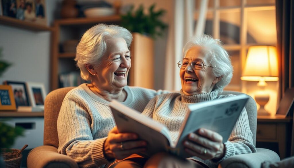 A cozy and lighthearted scene of an elderly woman sitting in an armchair, reading a book and chuckling to herself. The room is warmly lit with a soft, ambient glow, creating a comforting and inviting atmosphere. The woman's expression is one of amusement and joy, hinting at the humorous stories or "Mama-Witze" she is enjoying. The background is slightly blurred, but suggests a homely, lived-in setting, perhaps with family photos or other personal mementos visible. The overall mood is one of genuine laughter and positive maternal energy, perfectly capturing the spirit of the "Klassische Mama-Witze für den Muttertag".