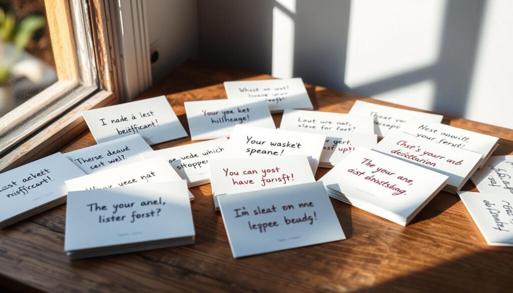 A cozy and minimalist scene depicting a collection of short, pithy phrases handwritten in a variety of colorful inks on crisp, white notecards. The cards are artfully arranged on a rustic wooden surface, casting soft shadows and illuminated by natural daylight filtering through a nearby window. The overall mood is one of simplicity, efficiency, and casual elegance - perfect for capturing the essence of "Kurze Sprüche für WhatsApp". The composition highlights the visual appeal and emotional impact of well-crafted, concise messages, suitable for sharing on mobile messaging platforms.