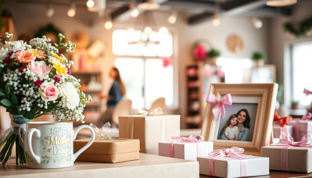 A cozy and vibrant Mother's Day gift shop scene. In the foreground, an artfully arranged display of thoughtful presents - a bouquet of fresh flowers, a handmade ceramic mug, a photo frame holding a sweet family snapshot. The middle ground features a variety of gift-wrapped boxes with delicate ribbons and bows, hinting at the cherished treasures within. The background is a warmly lit, softly blurred interior, suggesting a welcoming, comfortable atmosphere. Natural light filters in through large windows, casting a gentle glow over the entire scene. The color palette is a harmonious blend of pastels and earth tones, creating a calming, inviting ambiance perfect for celebrating the special women in our lives.