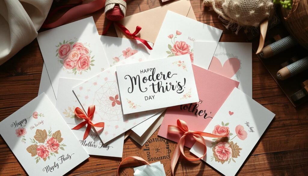 A cozy and vibrant scene of handmade Mother's Day greeting cards, scattered artfully across a wooden surface. The cards feature delicate floral patterns, intricate papercraft details, and whimsical illustrations in a warm, subdued color palette. Soft, diffused natural lighting bathes the scene, creating a soothing, tactile atmosphere. Textures of various materials - paper, ribbon, fabric - add depth and visual interest. The composition draws the eye to the center, where the cards overlap and juxtapose, showcasing the creative, heartfelt efforts of the maker. An inviting, homespun scene that celebrates the joy and sentiment of Mother's Day.