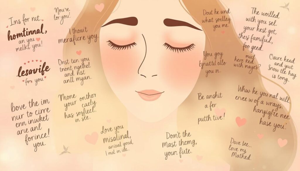 A cozy and warm-toned illustration of a nurturing mother figure surrounded by various handwritten quotes and phrases floating in a dreamlike, ethereal setting. The mother's face is softly lit, her expression calm and serene, conveying a sense of unconditional love and comfort. In the middle ground, the quotes gently drift in a whimsical, organic manner, their calligraphic styles and varied color palettes adding depth and interest. The background is hazy and atmospheric, with a pastel gradient that evokes a sense of nostalgia and sentimentality. The overall mood is one of tenderness, intimacy, and the profound bond between a mother and child.
