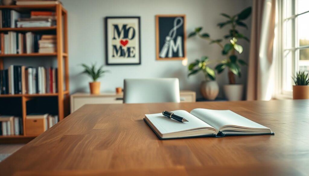 A cozy and well-lit home office setting, with a large wooden desk in the foreground. On the desk, a notebook lies open with a pen resting next to it, ready for the user to begin jotting down their own creative, witty, and heartfelt mother's day messages. The background features shelves filled with books, a framed artwork, and a potted plant, creating a warm and inspirational atmosphere. Soft, natural lighting filters in through a nearby window, casting a gentle glow across the scene. The mood is reflective, creative, and sentimental, encouraging the viewer to tap into their own unique voice and craft meaningful expressions of appreciation for their mother.
