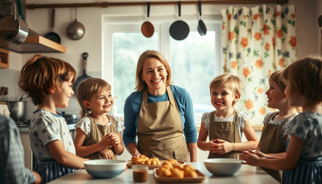 A cozy, cheerful kitchen scene with a smiling mother figure surrounded by playful children, all engaged in a lively discussion. Soft, warm lighting illuminates the room, creating a comfortable, homely atmosphere. The mother wears an apron and has a whimsical expression, as if in the middle of telling a humorous story. The children, of various ages, listen intently, their faces alight with mirth. The background features simple, traditional kitchen elements - a vintage stove, pots and pans hanging on the walls, and a cheerful floral pattern on the curtains. The composition is balanced and inviting, capturing the essence of "Mama-Witze für den Muttertag" and the joy of a family celebrating the holiday.