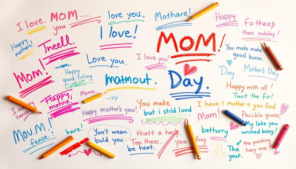 A cozy, child-like drawing of various handwritten Mother's Day messages and notes, scribbled in colorful crayon, marker, and pencil. The messages range from heartfelt "I love you, Mom!" to humorous and unfiltered comments like "You are old but I still love you" or "You make good food but you're kinda bossy." The messages are arranged organically across the frame, with some overlapping or spilling off the edges, creating a playful, chaotic composition. The background is a plain, lightly textured paper or canvas, allowing the vibrant colors and raw, innocent quality of the drawings to shine. Warm, soft lighting casts a comforting glow over the scene, evoking the genuine, childlike sentiment behind these handmade Mother's Day notes.