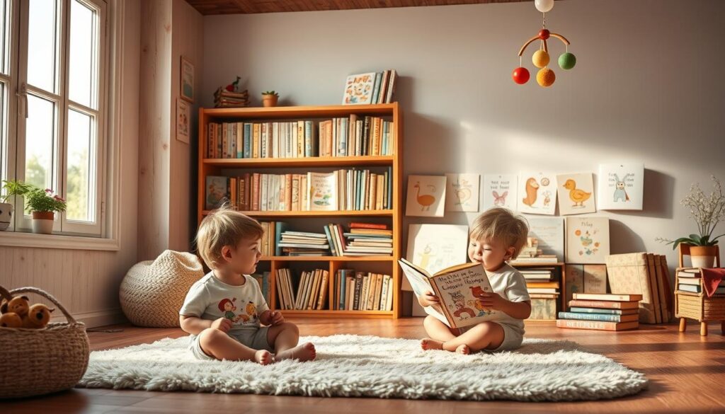 A cozy children's room filled with whimsical illustrations of playful rhymes. Soft natural lighting from a large window bathes the scene in a warm, inviting glow. In the foreground, a young child sits cross-legged on a plush rug, captivated by a storybook of colorful, hand-drawn characters. The middle ground features a bookshelf overflowing with well-worn volumes of classic nursery rhymes, their weathered spines hinting at years of beloved use. In the background, a cheerful mobile dangles from the ceiling, its charming shapes and patterns casting gentle shadows. The overall atmosphere is one of imagination, nostalgia, and the the joy of early learning through rhyme and verse.