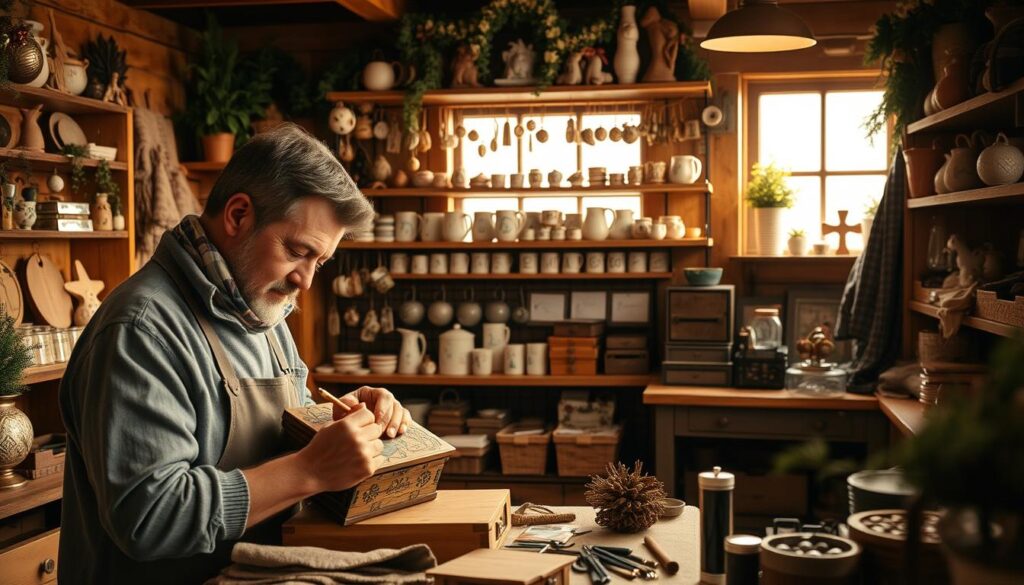 A cozy, craftsman-style workshop filled with personalized gift items. In the foreground, a skilled artisan carefully hand-paints intricate designs on a wooden keepsake box. Shelves in the middle ground display an array of handmade ornaments, mugs, and other customizable gifts. The background is bathed in warm, golden lighting, casting a soft glow throughout the space. Hints of greenery and natural textures create a welcoming, homemade atmosphere. A sense of care, creativity, and attention to detail permeates the scene, reflecting the thoughtfulness of personalized gift-giving.
