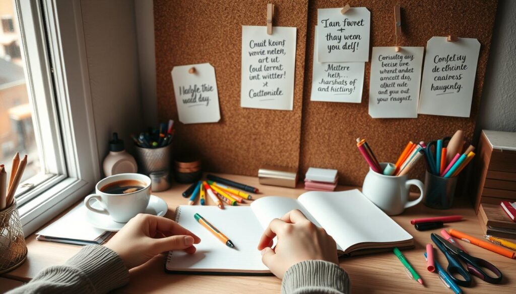 A cozy desk scene with an open notebook, a cup of coffee, and various crafting materials scattered around. The soft natural light filters through a window, casting a warm glow on the workspace. Inspirational handwritten quotes are pinned to a cork board on the wall, their calligraphic beauty and thoughtful messages serving as a source of creative motivation. In the foreground, a pair of hands carefully arranging colorful markers, scissors, and other DIY tools, hinting at the process of crafting personalized sayings for a Muttertag project. The overall mood is one of focused productivity and artistic expression.