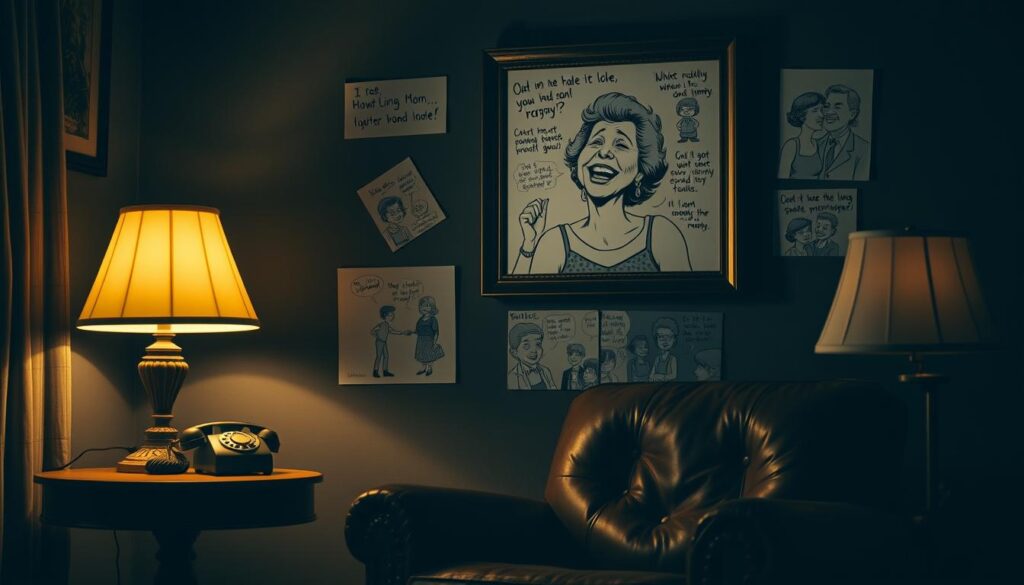 A cozy, dimly lit living room setting with a well-worn leather armchair and a side table displaying a vintage rotary phone. On the wall, a framed portrait of a smiling mother laughing heartily, surrounded by amusing caricatures and sketches depicting classic "mom humor" tropes - think overprotective nagging, embarrassing fashion choices, and humorous interactions with children. The lighting is soft and warm, creating a nostalgic, comforting atmosphere, as if the viewer has stepped into a cherished family memory. The overall scene evokes a sense of shared laughter and joy, capturing the spirit of classic "mom jokes" that have been passed down through generations.