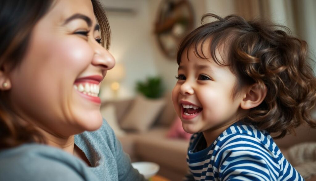 A cozy domestic scene, a mother and child sharing a lighthearted, playful moment. In the foreground, the mother's face is alight with an amused, joyful expression as she engages with her child, whose innocent, mischievous grin reflects the humor and warmth of their interaction. The middle ground features a comfortably furnished living space, hinting at the nurturing, supportive environment that fosters this sense of levity. The background is softly lit, creating a soothing, intimate atmosphere that underscores the importance of humor in the everyday realities of motherhood.