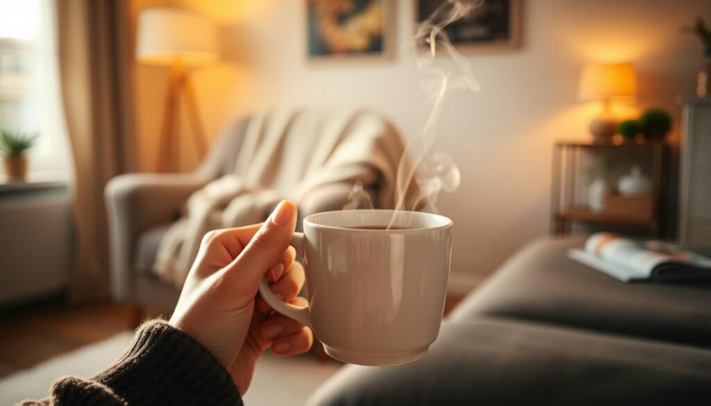 A cozy domestic scene, illuminated by warm, soft lighting. In the foreground, a pair of hands holding a mug of steaming tea or coffee, steam curling lazily upwards. The hands are in focus, conveying a sense of care and mindfulness. In the middle ground, a simple, uncluttered living space - a plush blanket draped over a armchair, a book or magazine resting on a side table. The background is blurred, suggesting a tranquil, homely atmosphere. The overall mood is one of quiet contentment and everyday gratitude, a moment of peaceful reflection in the midst of a busy life.